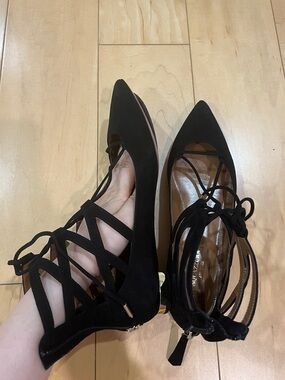 Aquazzura Black Suede Pointed-Toe Lace-Up Heels